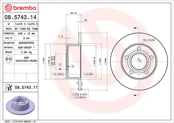 BREMBO 08-5743-11 | Fren Diski Tek Disk Arka Vag 100 A6 Passat 90 06
