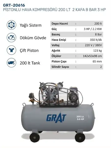 GRAT 20616 | Pistonlu Hava Kompresörü 200lt 2 Kafa 8 Bar 3hp