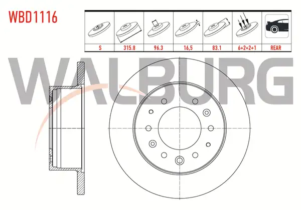 WALBURG WBD1116 | Fren Diski Arka Düz 6 Bjn 315 8x16 5x96 3x83 1 Hyundai H350 2 5 CRDI 2015 2 Adet