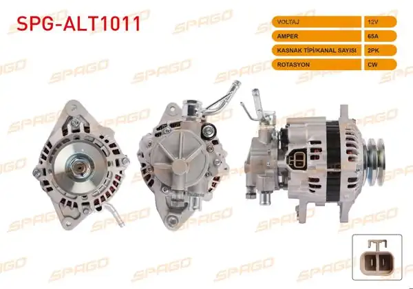 SPAGO SPG-ALT1011 | Alternatör 12V 65A V-Kanallı Çift Kasnak (Alt573) Mitsubishi L300 2.5 D 87-04