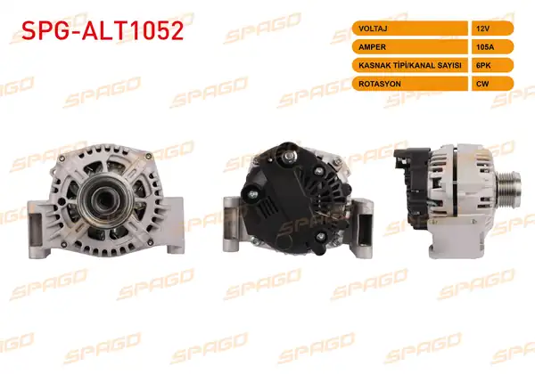 SPAGO SPG-ALT1052 | Alternatör 12V 105A 6Pk (Alt4430) Doblo-Punto-Linea / Astra H-Corsa C-Combo (1.3 Dizel Araclar İçin)