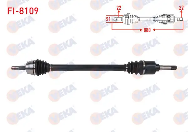VEKA FI-8109 | Komple Aks Sağ On Uzunluk 880mm (Kalın Mil) Fiat Fiorino 1.4İ M-T 2007-/ Citroen Nemo 1.4İ M-T 2007-/ Peugeot Bipper 1.4İ 2008 -