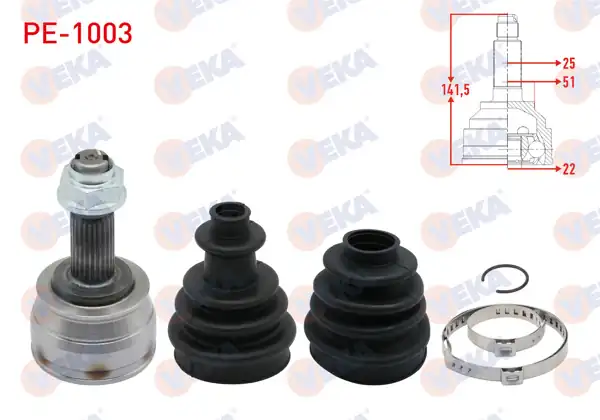 VEKA PE-1003 | Aks Kafası Sol-Sağ On Dıs 25X22x51 Uzunluk 141,5 mm 2 Koruklu Peugeot Bipper 1.4 HDI 2008-/ Citroen Nemo 1.4 HDI 2007 -