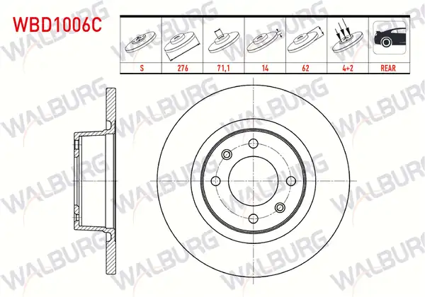 WALBURG WBD1006C | Fren Diski Arka Düz Kaplamalı 4 Bjn 276x14x71 1x62 Citroen C5 2 Adet