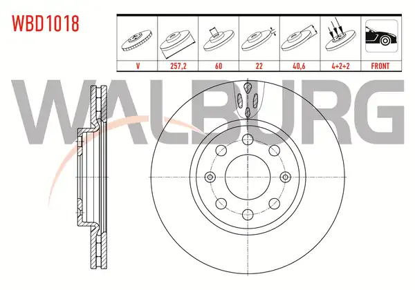 WALBURG WBD1018 | Fren Diski Ön Havalı 4 Bjn 257 2x22x60x40 6 Fiat G Punto 2 Adet