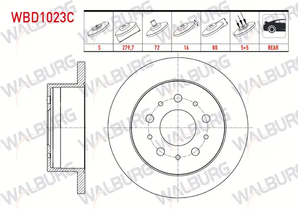 WALBURG WBD1023C | Fren Diski Arka Düz Kaplamalı 5 Bjn 15 Jant 279 7x16x72x80 2 Adet