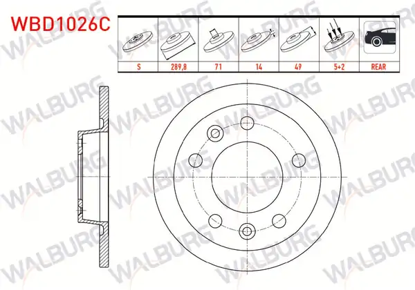 WALBURG WBD1026C | Fren Diski Arka Düz Kaplamalı 5 Bjn 289 8x14x71x49 Fiat Scudo 2 Adet