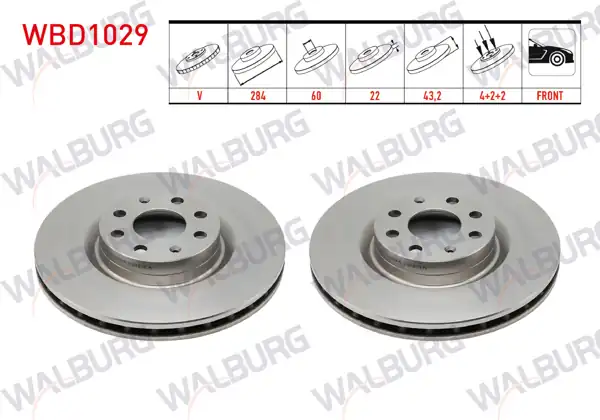 WALBURG WBD1029 | Fren Diski Ön Havalı 4 Bjn 284X22x60x43,2 Fiat G.Punto 1.3 Mjt-1.9 Mjt 2005-2012 / Opel Corsa D 1.3 CDTI-1.2-1.4 2006-2014 | 2 Adet