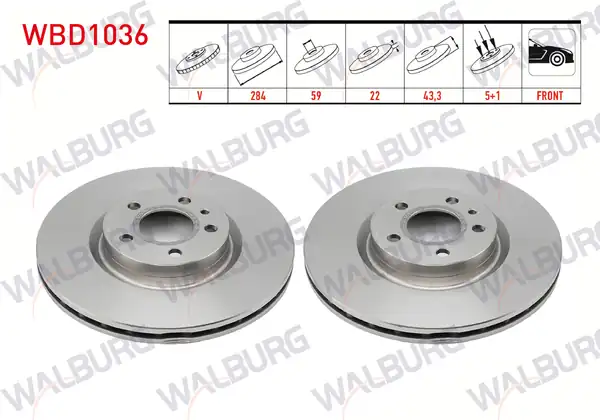 WALBURG WBD1036 | Fren Diski Ön Havalı 5 Bjn 284x22x59x43 3 Fiat Egea 2 Adet