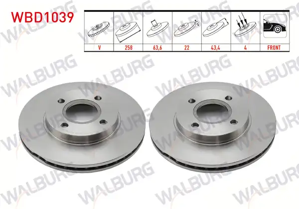WALBURG WBD1039 | Fren Diski Ön Havalı 4 Bjn 258X22x63,6X43,4 Ford Focus 1.6İ 16V-1.8 TDCI-2.0 16V 1998-2004 / Fiesta V 1.4 TDCI-1.4İ 16V-1.6İ 16V-1.6 TDCI 2001-2008 / Fusion 1.4 TDCI 2002-2010 | 2 Adet