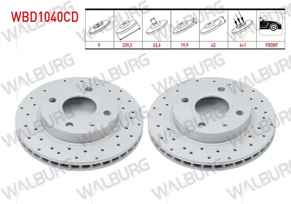 WALBURG WBD1040CD | Fren Diski Ön Havalı Kaplamalı Performans Delikli Ford Fiesta IV 1 4i 16v 4 Bjn 239 5x19 9x63 6x43 1996 2002 2 Adet