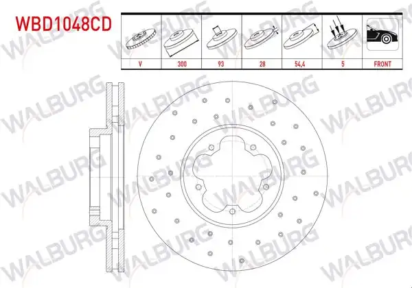 WALBURG WBD1048CD | Fren Diski Ön Havalı Kaplamalı Performans Delikli 5 Bjn 300X28x93x54,4 Ford Transit 2.2 TDCI Arkadan Itıs 2006-2014 / Transit 2.4 TDCI 2006-2014 / Transit 2.2 TDCI 2006-2014 / Transit 3.2 TDCI 2006-2014 | 2 Adet