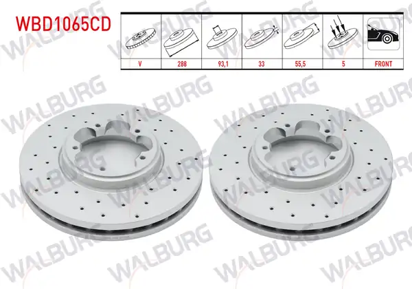WALBURG WBD1065CD | Fren Diski Ön Havalı Kaplamalı Performans Delikli 5 Bjn 288X33x93,1X55,5 Ford Transit Custom (V362) 2.2 TDCI 2012-| 2 Adet