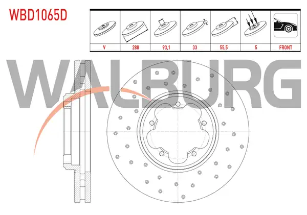 WALBURG WBD1065D | Fren Diski Ön Havalı Performans Delikli 5 Bjn 288X33x93,1X55,5 Ford Transit Custom (V362) 2.2 TDCI 2012-| 2 Adet
