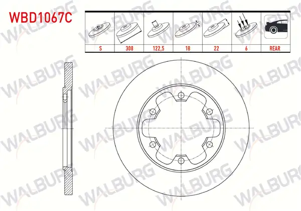 WALBURG WBD1067C | Fren Diski Arka Düz Kaplamalı 6 Bjn 308x18x122 5x22 Ford Transit V363 2 2 TDCI Çift Teker 2014 2 Adet