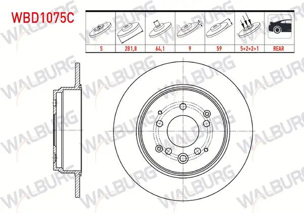 WALBURG WBD1075C | Fren Diski Arka Düz Kaplamalı 5 Bjn 281 8x9x64 1x59 Honda Cr V II 2 0i 2002 2006 2 Adet