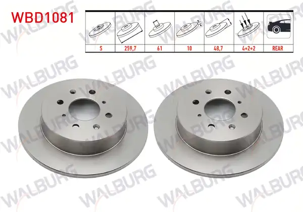 WALBURG WBD1081 | Fren Diski Arka Düz 4 Bjn 259 7x10x61x48 7 Honda Civic VII 1 6i 2000 2006 Civic VII 1 4i 2000 2006 2 Adet