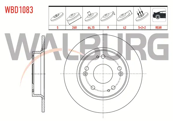 WALBURG WBD1083 | Fren Diski Arka Düz 5 Bjn 260x9x64 15x42 Honda Civic Ix 2 Adet
