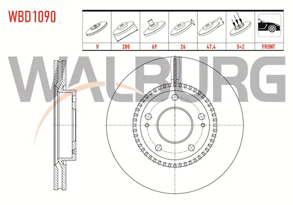 WALBURG WBD1090 | Fren Diski Ön Havalı 5 Bjn 280X26x69x47,4 Hyundai i30 | 2 Adet