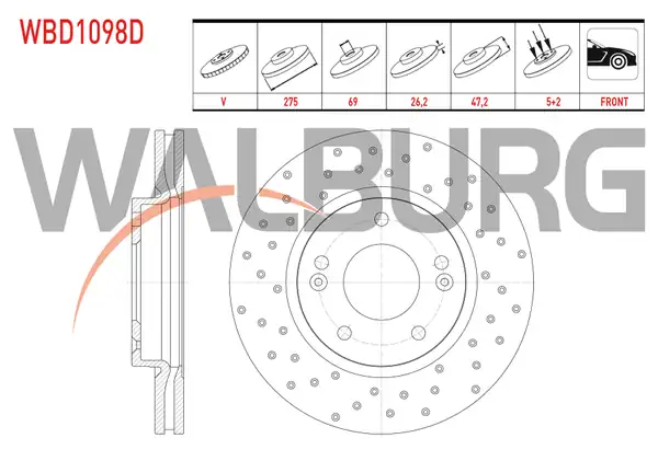 WALBURG WBD1098D | Fren Diski Ön Havalı Performans Delikli 5 Bjn 2 Adet