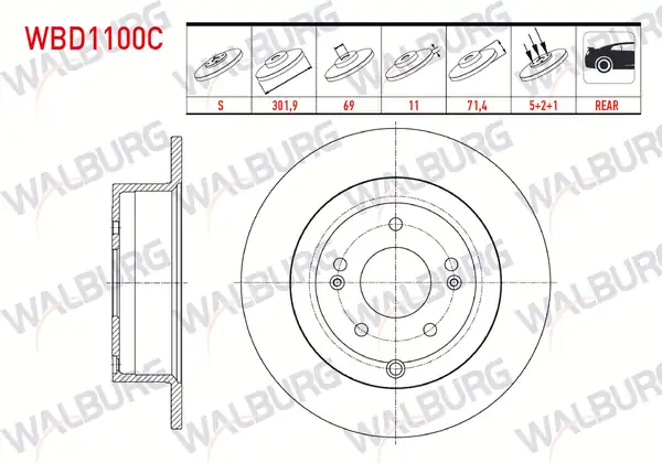 WALBURG WBD1100C | Fren Diski Arka Düz Kaplamalı 5 Bjn 301 9x11x69x71 5 Hyundai 2 Adet