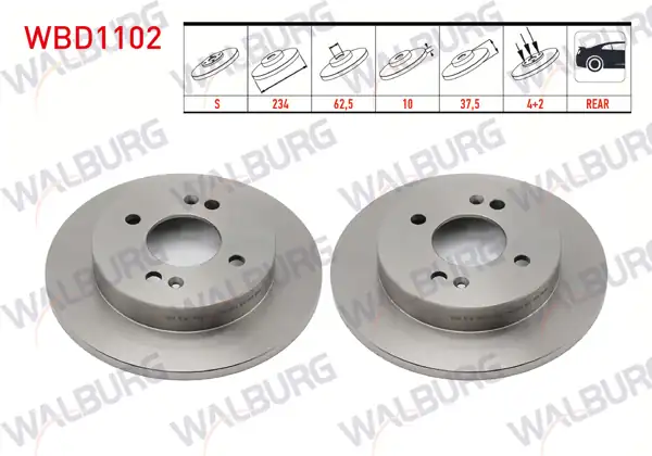 WALBURG WBD1102 | Fren Diski Arka Düz 4 Bjn 234X10x62,5X37,5 Hyundai i10 | 2 Adet