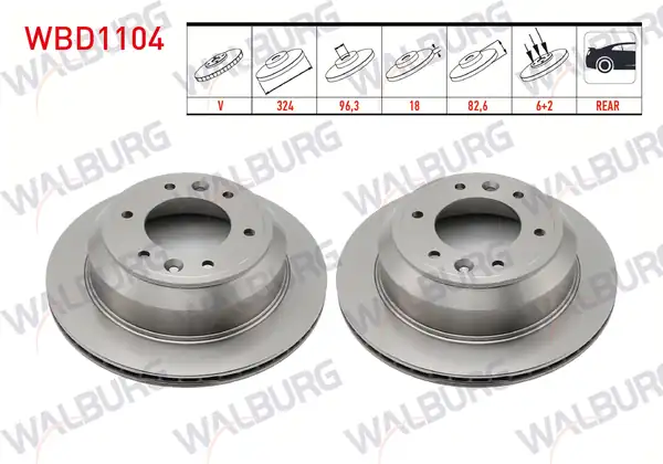 WALBURG WBD1104 | Fren Diski Arka Havalı 6 Bjn 324x18x96 3x82 6 Hyundai H1 2 5 CRDI 2008 2 Adet