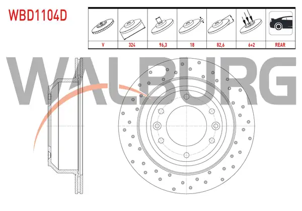 WALBURG WBD1104D | Fren Diski Arka Havalı Performans Delikli 6 Bjn 324x18x96 3x82 6 Hyundai H1 2 5 CRDI 2008 2 Adet