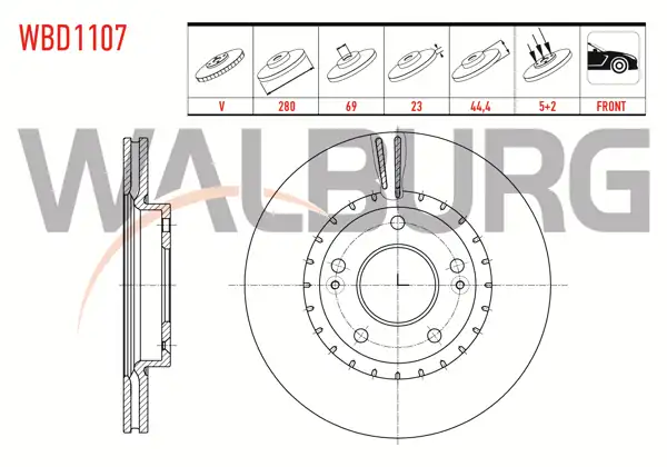 WALBURG WBD1107 | Fren Diski Ön Havalı 5 Bjn 280X23x69x44,5 Hyundai Elantra | 2 Adet