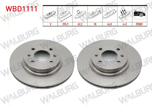 WALBURG WBD1111 | Fren Diski Ön Havalı 4 Bjn 255 9x18x62 2x46 6 Hyundai İ20 2 Adet