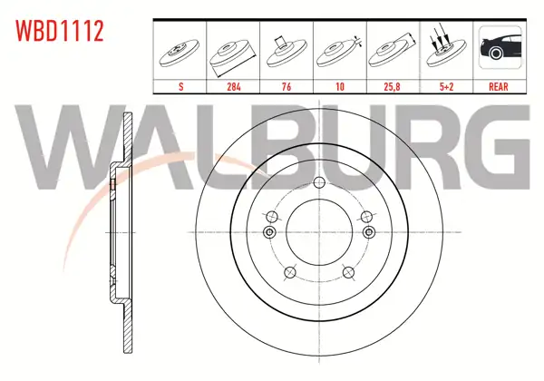 WALBURG WBD1112 | Fren Diski Arka Düz 5 Bjn 284X10x76x25,8 Hyundai i30 | 2 Adet