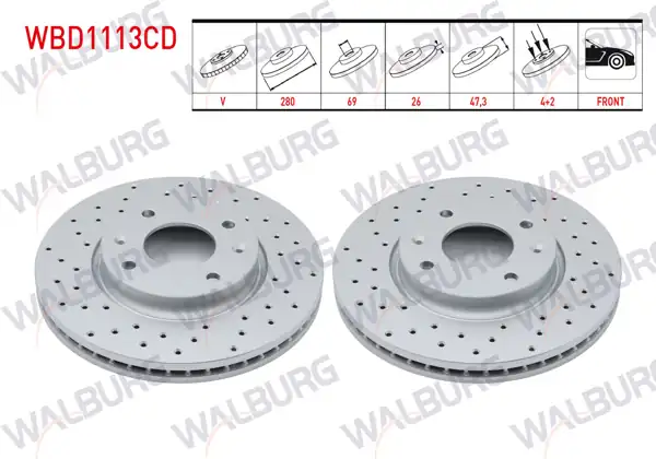 WALBURG WBD1113CD | Fren Diski Ön Havalı Kaplamalı Delikli Hyundai Elantra Sonata IV-V Kia Magentis 2 Adet