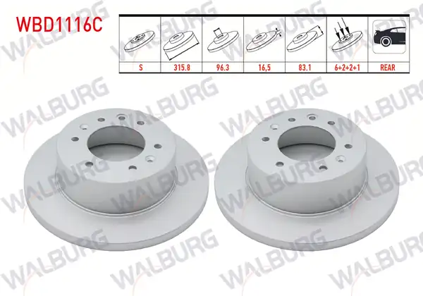 WALBURG WBD1116C | Fren Diski Arka Düz Kaplamalı 6 Bjn 315 8x16 5x96 3x83 1 Hyundai H350 2 5 CRDI 2015 2 Adet