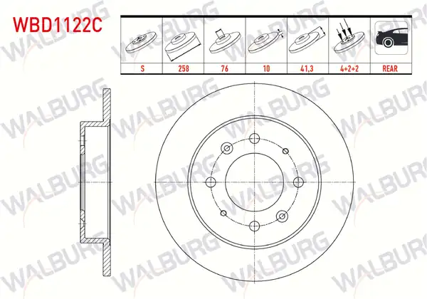 WALBURG WBD1122C | Fren Diski Arka Düz Kaplamalı 4 Bjn 258x10x76x41 3 Kia Cerato Ld 1 5 CRDI 2004 2012 Cerato Ld 1 6i 2004 2012 2 Adet