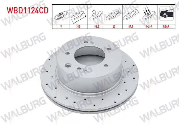 WALBURG WBD1124CD | Fren Diski Arka Havalı Kaplamalı Performans Delikli 5 Bjn315x20x96,2X87,5 Kia Sorento I (Jc) 2.5 CRDI 2002-2009 | 2 Adet