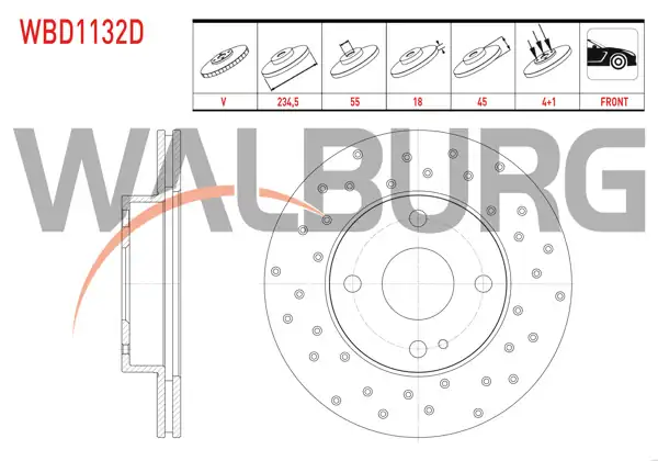 WALBURG WBD1132D | Fren Diski Ön Havalı Performans Delikli 4 Bjn 234,5X18x55x45 | 2 Adet