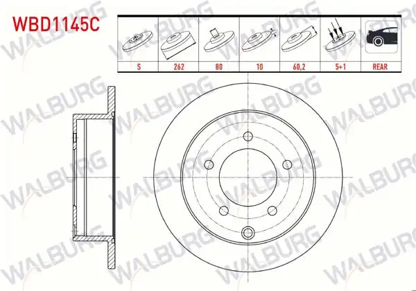 WALBURG WBD1145C | Fren Diski Arka Düz Kaplamalı 5 Bjn 262X10x80x60,2 Mitsubishi Lancer (Cy,Za) 2.0 2007-/ Lancer (Cy,Za) 1.8 5 2007-| 2 Adet