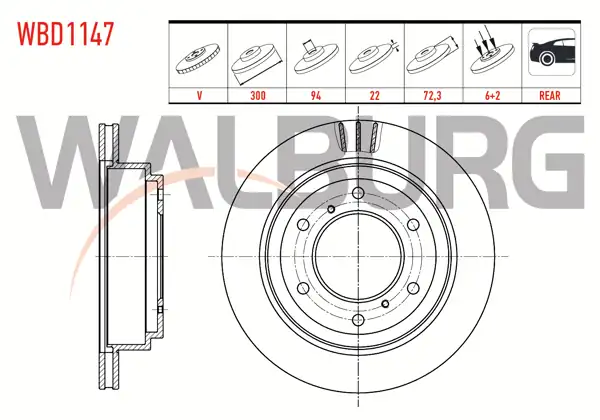 WALBURG WBD1147 | Fren Diski Arka Havalı 6 Bjn 300X22x94.07X72,4 Mitsubishi | 2 Adet