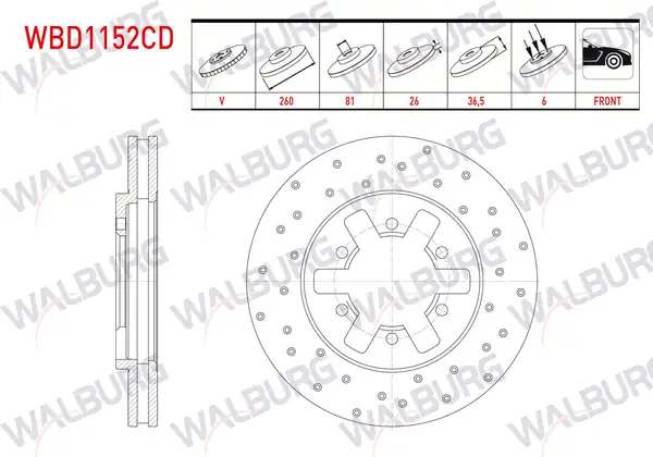 WALBURG WBD1152CD | Fren Diski Ön Havalı Kaplamalı Performans Delikli 6 Bjn 2 Adet