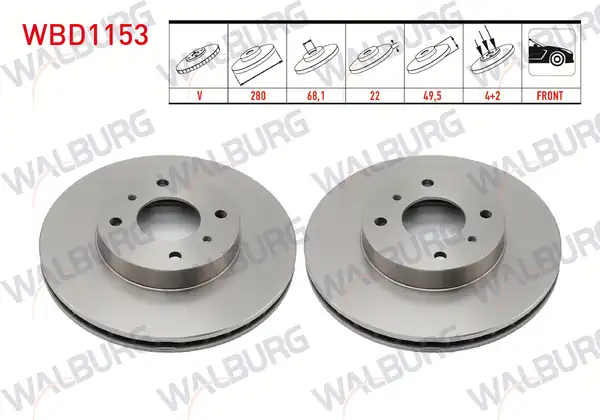 WALBURG WBD1153 | Fren Diski Ön Havalı 4 Bjn 280x22x68 1x49 5 Nissan Primera 2 Adet