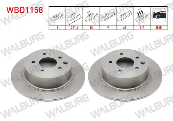 WALBURG WBD1158 | Fren Diski Arka Düz 5 Bjn 291 5x9x68x62 Nissan Qashqai 2 Adet