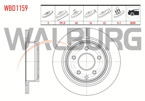 WALBURG WBD1159 | Fren Diski Arka Havalı 5 Bjn 291 8x16x68x62 Nissan X Traıl 2 Adet