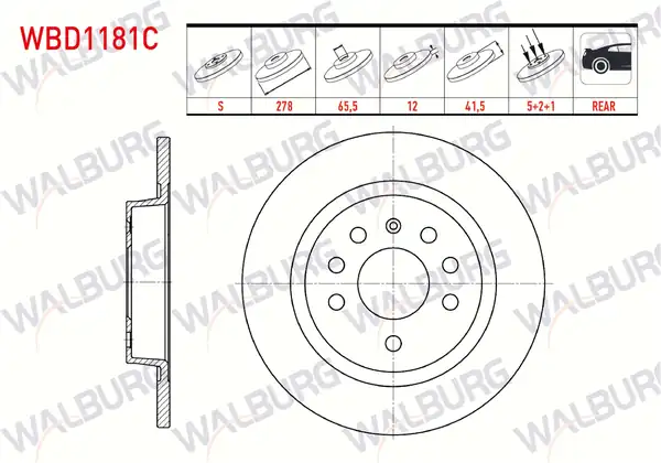 WALBURG WBD1181C | Fren Diski Arka Düz Kaplamalı 5 Bjn 278x12x65 5x41 5 Opel 2 Adet
