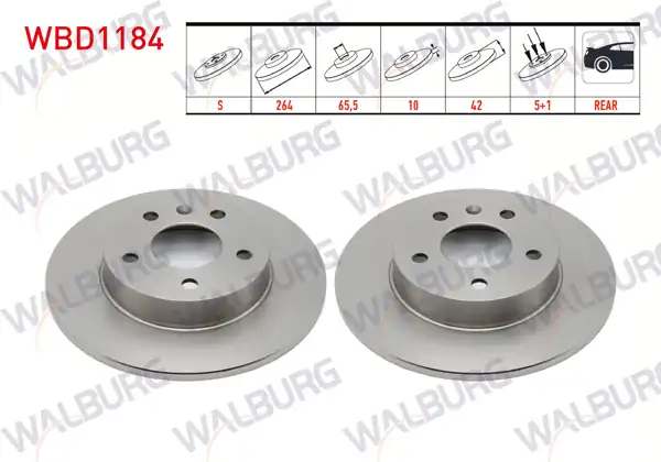 WALBURG WBD1184 | Fren Diski Arka Düz 5 Bjn 264X10x65,5X42 Opel Astra G 1.8 16V-2.0 16V 1998-2005 / Astra H 1.3 CDTI-1.6İ 16V-1.9 CDTI 2004-2010 / Zafira A 1.6 16V-1.8 16V-1999-2005 / Meriva A 1.3 CDTI 2003-2010 | 2 Adet