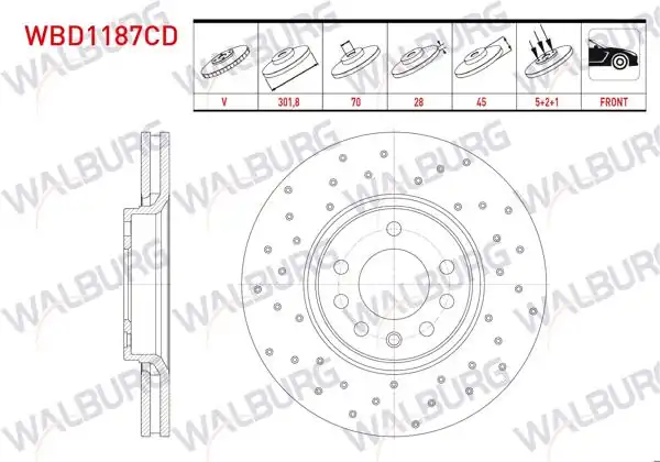 WALBURG WBD1187CD | Fren Diski Ön Havalı Kaplamalı Performans Delikli 5 Bjn | 2 Adet