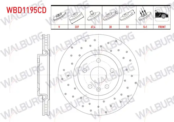 WALBURG WBD1195CD | Fren Diski Ön Havalı Kaplamalı Performans Delikli 5 Bjn | 2 Adet