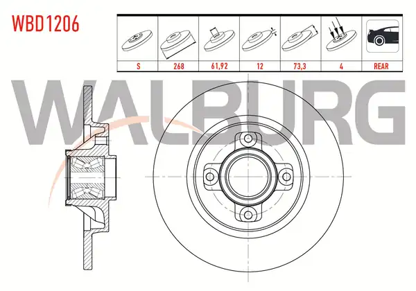 WALBURG WBD1206 | Fren Diski Arka Düz 4 Bjn 267 8x12x61 92x73 2 Partner 2 Adet
