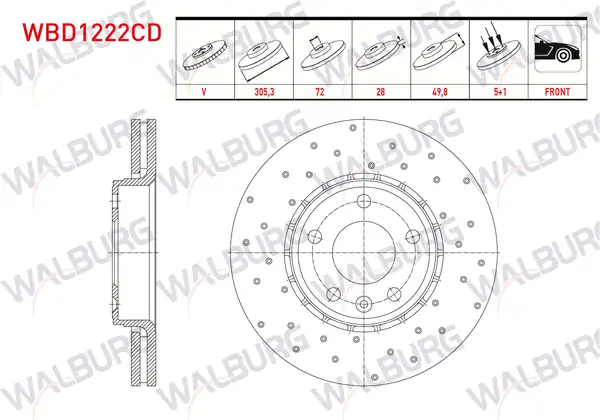 WALBURG WBD1222CD | Fren Diski Ön Havalı Kaplamalı Performans Delikli 5 Bjn 2 Adet