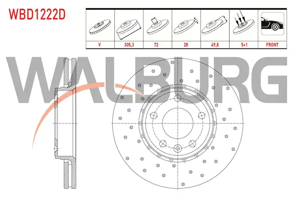 WALBURG WBD1222D | Fren Diski Ön Havalı Performans Delikli 5 Bjn 2 Adet