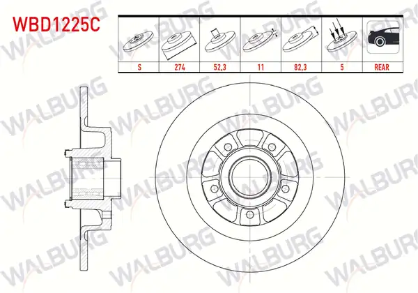 WALBURG WBD1225C | Fren Diski Arka Düz Kaplamalı 5 Bjn 274x11x61 92x82 Renault 2 Adet